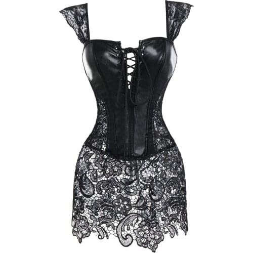 Sexy Womens Faux Leather Lingerie Corset Top Breathable Steampunk Waist Trainer Zip Dress Black Brown Bustier Plus Size S-6XL