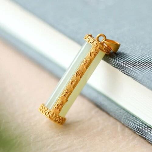 S925 Sterling Silver Gold Plated Hetian Jade Gray Jade Pendant Book Scroll Six Words Mantra Pendant Retro Classic Ornament for W
