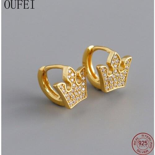 OUFEI 925 Sterling Silver Crown Earring Hoop For Women Round Fine Crystal Small Earrings Simple Jewelry Accessories