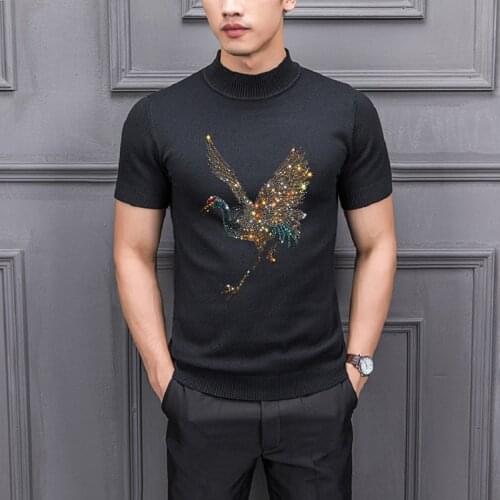 Spring and Autumn Mens Sweater Comfortable Hot Diamond 3D Knitted Half Sleeve Youth High Quality Pullover O-Neck All-Match