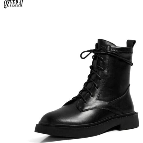 QZYERAI New autumn winter Genuine leather Women boots ankle Fashion boots motorcycle Female boots Women shoes cowhide Size 34-42