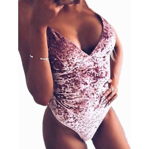Sexy V Neck Backless Spaghetti Strap Velour Bodysuit 2019 New Woman Bright Tight Slim Fit Rompers Bodysuits