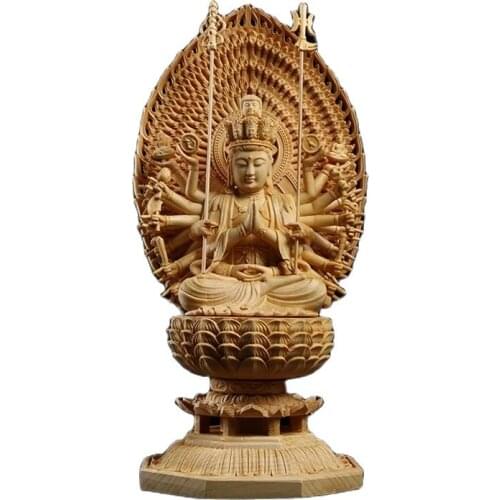 28CM Japan Carving Buddha Statue Guanyin The Thousand Arms Goddess Solid Wood Statue Feng Shui Wooden Statues for Decors