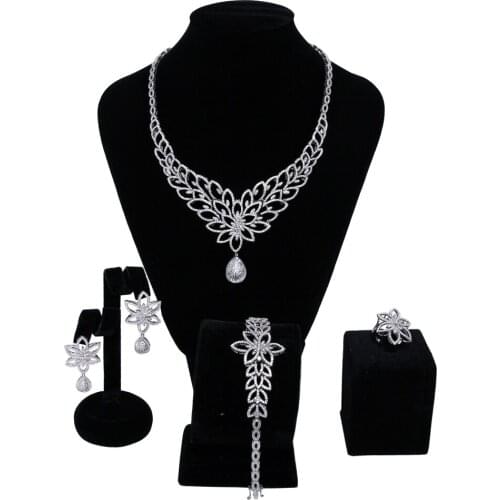 Hot New Wedding Jewelry Sets rhodium plated with Cubic zircon 4pcs sets ( necklace + bracelet + earrings + ring) free shipment