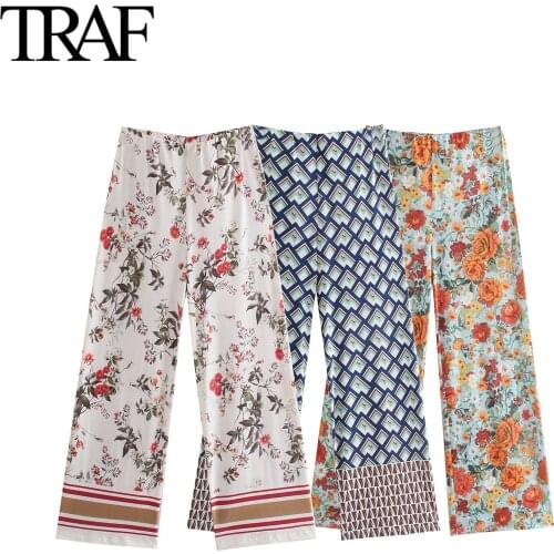 TRAF Za Vintage Streetwear Women Clothing Floral Print Pants French Fashion High Waist Wide Leg Pants Office Lady Pants