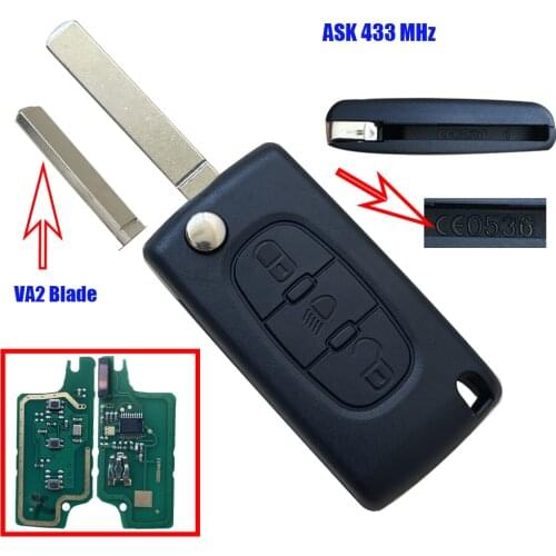 433MHz CE0523 ASK 3 Buttons Flip Folding Remote Key for Peugeot 207 307 208 308 408 Partner CC Expert SW Lamp/Light Button VA2