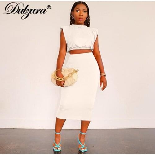 Dulzura Solid Women Two Piece Set Shoulder Pad Crop Top Shirts Midi Skirt Bodycon Sexy Streetwear Party Club Elegant 2021 Summer