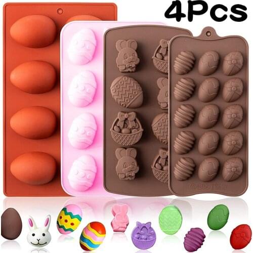 4Pcs Silicone Easter Egg Bunny Chocolate Molds Rabbit Tray for Baking Cookies Ice Cream Jelly Candy Theme Party Cake Decorations