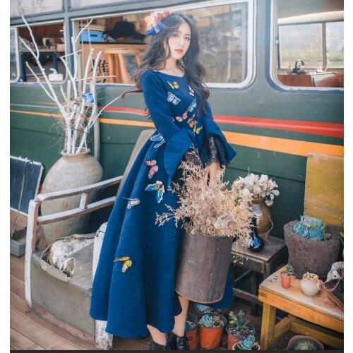 Plus Size Real 2019 Autumn New Pattern Literature Restore Ancient Ways Three-dimensional Butterfly Dress Waist Will Long Fund