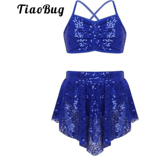TiaoBug Kids Girls Sequins Spaghetti Straps Ballet Gymnastics Crop Top Skirt Set Children Skating Stage Lyrical Dance Costumes