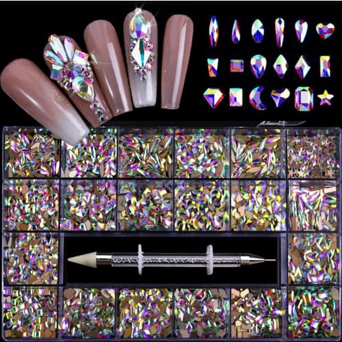 Crystals Rhinestones 21Grid Flat Glass Nail Diamond Jewelry Glass Nail Crystals Bling Box (700 pcs Crystals+2880 pcs rhinestones