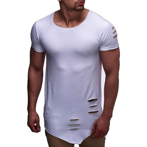 Hot 2020 New Mens Fashion Personality Holes Sharp hem clothes Neck Casual Short Sleeve T-Shirt male Plus Size Tops M-3XL
