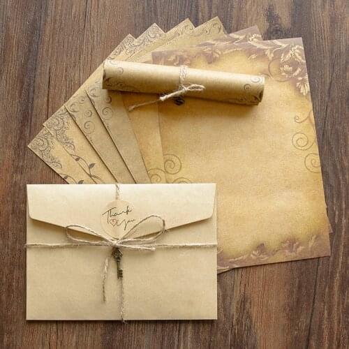 Set of 12pcs Vintage Old Fashion Envelope Letter Paper Party Wedding Invitation Kraft Set with Hemp String and Retro Pendant