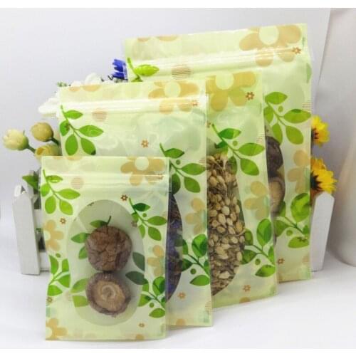DHL 14*20cm 5.51"x7.87" 600Pcs/Lot Green Leaf Zip Lock Bags Dried Flower Tea Biscuit Heat Seal Clear Poly Valve Packaging Bag
