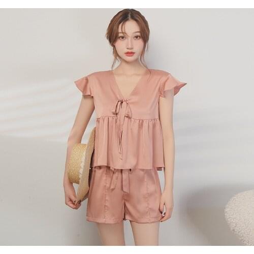 Summer Satin Pijamas Women Sexy Lotus Leaf Edge Sleepwear Short-sleeved Shorts Lounge Wear Comfortable Homewear Two Piece Set