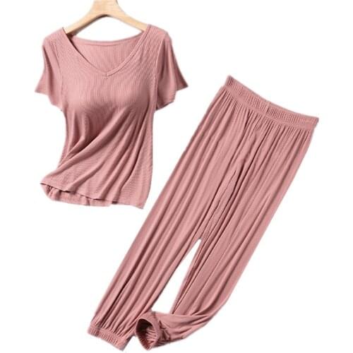 Pijamas women new sexy v-neck pyjama femme cotton sleepwear set screw thread short sleeve home suit loose nightwear pajamas