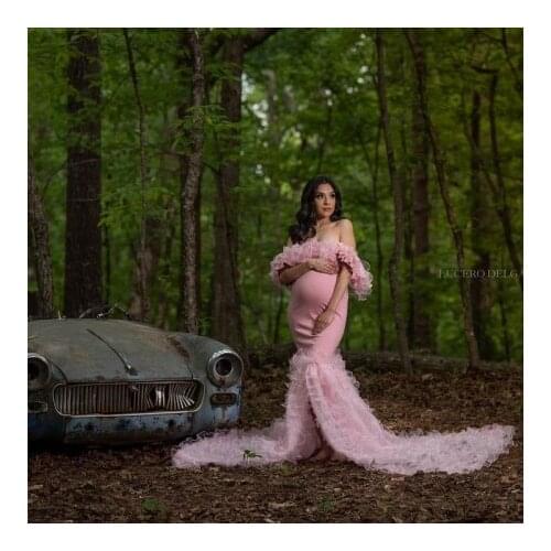 Mermaid Plus Size Maternity Dresses For Photo Shoot Cap Sleeves Side Slit Ruffles Stretchy Women Pregnancy Gowns With Train