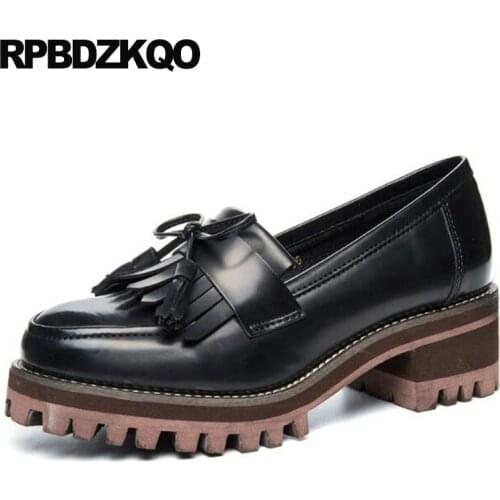 Bow Thick Slip On Chunky Round Toe Platform Wine Red Black 2021 Luxury Women Shoes Size 4 34 Pumps Medium Heels Casual Brown