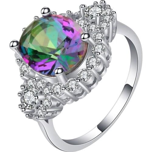 UFOORO Brand Luxury 3ct rainbow crystal wedding ring pave CZ stone fashion engagement jewelry for female lady jewelry