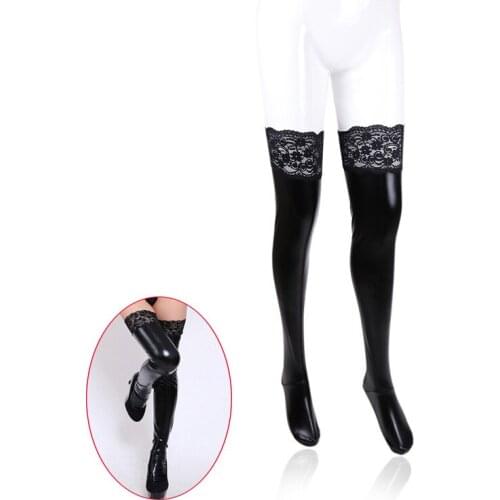 Sexy Lingerie Black PU Leather Lace Thigh High Stocking Women Pole Dance Sexy Tights Female Sexy Stocking Club Hosiery For Woman