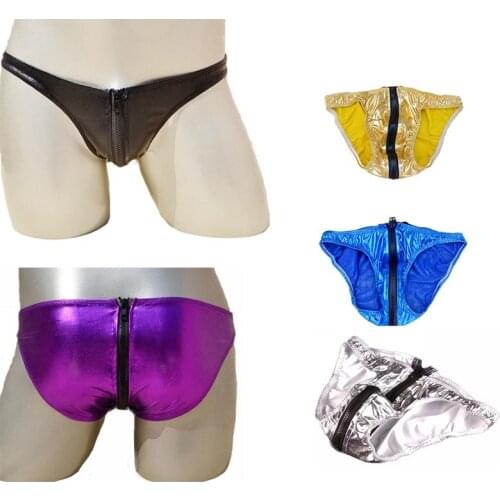 Sexy Mens Metallic Shiny Men Wet Look Long Crotch Zip Brief Low Rise Thong G-String Pouch Mankini Underwear Lingerie for Him