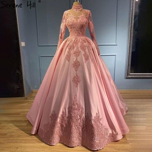 Serene Hill Muslim Pink Satin Evening Dresses Gowns 2021 Beaed Luxury Ball Gown For Women Party LA71224