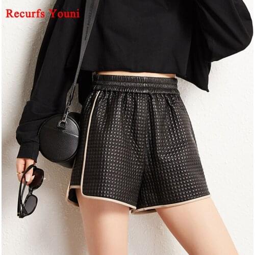 Shorts Women Winter Femme Genuine Leather Elastic High Waist Plaid Wide Leg White Short Pants Mujer Loose Casual Boots Trousers
