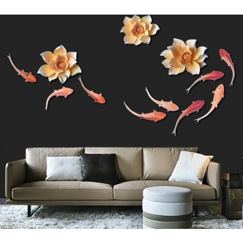 Modern Luxury 3D Embossed Resin Flower Fish Decorative Crafts Home Livingroom Background Porch Wall Mural Wedding Decoration Art