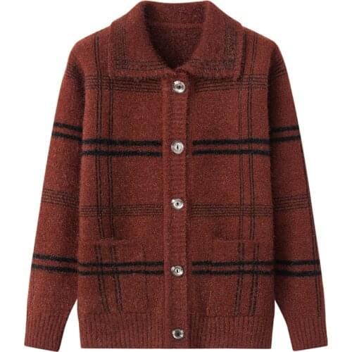 Middle-aged and elderly Plaid Grandma Sweater Cardigan Coat Autumn Winter Slim Lapel Women Outwear Warm Knitwear Cardigan Tops