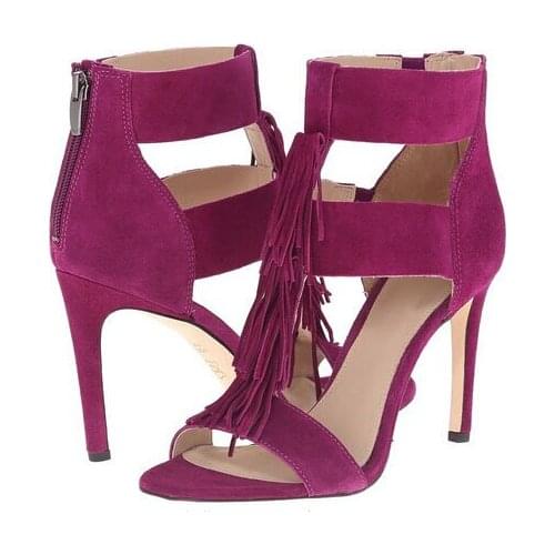 Fuchsia fringe high heel women summer sandals open toe tassel thin heels pumps shoes woman women party dress shoes woman pl