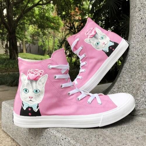 Wen Design Hand Painted Original Shoes Cat with Blue Bow Tie Pink Flower High Top Unisex Canvas Sneakers Boy Girls Sport Shoes