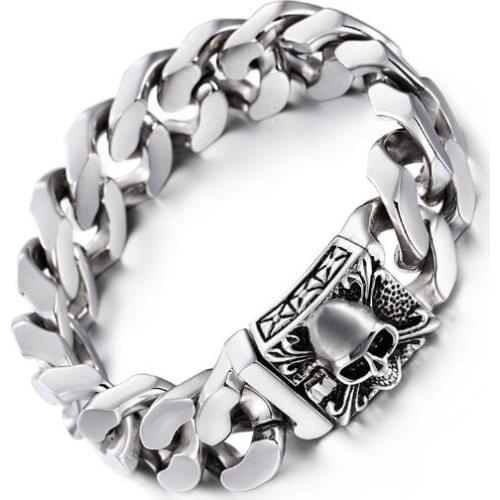 High Quality Mens Stainless Steel Cuban Curb Link Chain Skull Clasp Bracelet 20mm 9'' heavy 161g