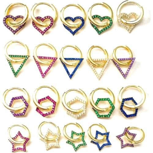 High quality gold plated women fashion jewelry Rainbow Colorful cubic zirconia cz tar Heart triangle delicate charm hoop earring