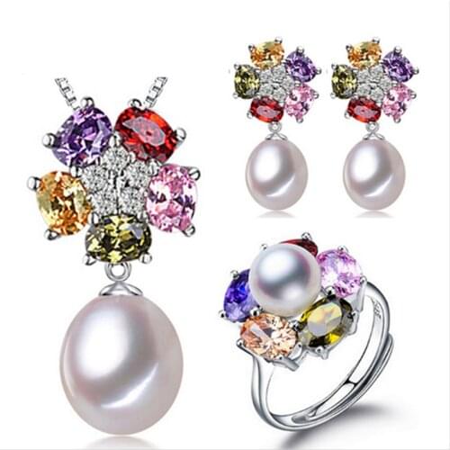 Jewelry set, 100% real natural freshwater pearl jewelry gifts for women,pendant & earrings & ring ,gift box,2017 new