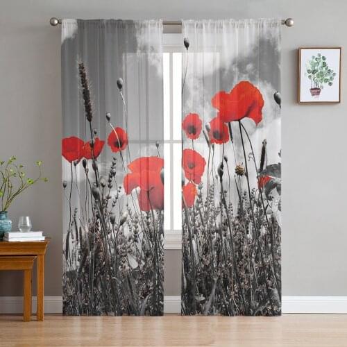 Red Poppy Flower Window Curtains Bedroom Modern Drape Sheer Tulle Valances Living Room Kitchen Voile Curtain