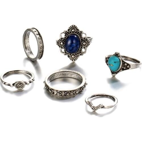 Knuckle Rings Set Women Antique Silver Color Hollow Flower Blue Stone Beads Mid Midi Finger Ring Jewelry Accessories 6PCS/Set