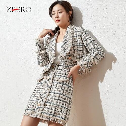 Autumn Winter Woman Tweed Vintage Two Piece Set Tassel Plaid Double Breasted Long Sleeve Blazer Jacket + Mini Skirt Elegant Suit
