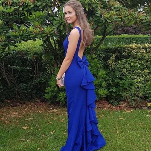 Royal Blue Sexy Evening Dress V-neck Mermaid Style Stretch Satin 2020 New Backles Ruffle Women Formal Party Dress Robe De Soiree