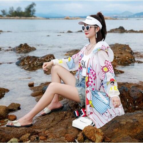 2021 Summer fashion cartoon print loose hooded thin coats women chic long sunscreen coats Female Wild Sun protection clothing