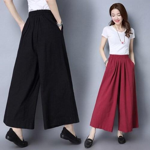 Retro Cotton and Linen Pants 2020 Summer High Waist Wide Leg Pants Elastic Waist Solid Color Wild Casual Female Trousers f1220