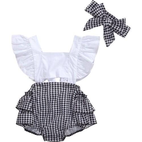 Toddler Infant Baby Clothing Baby Boy Girls Plaid Patchwork Romper Jumpsuit Headband Ruffle Sleeve Summer Outfit Clothes