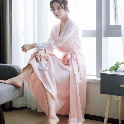 Women High Elastic Nightgown Elegant Luxury Solid Satin Lace Robe Sets Long Sleeve Sexy Night Dress Two Piece Sleep Sleepwear