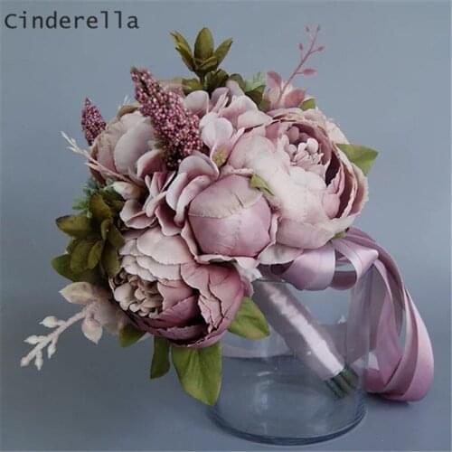 Cinderella Real Image Wedding Bouquets Bridal Bridesmaid Flower Artificial Simulate Ivory Flower Bouquet With Lace And Rope