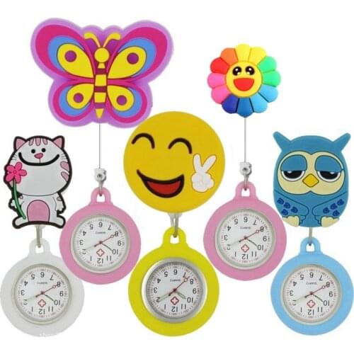 10pcs/lot White Angel men women Nurse Doctor Medical Hospital Watch Clip Stretchable Silicone Cartoon animal Pocket Watches