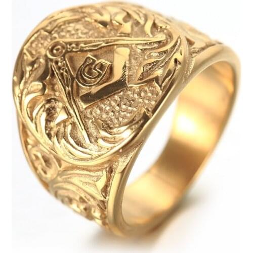 Gold And Silver color Mens Embossed Stamped Freemason Masonic Ring 316L Stainless Steel Ring New Mens Jewelry