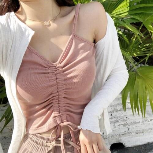 Sexy Women Sleeveless V Neck Front Drawstring Strappy Camisole Crop Top Vest