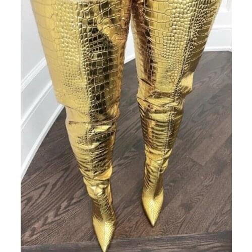 Sexy Gold Python Leather Women High Boots Pointed toe Wide Calf Over The Knee Boots Shoes High Heel Winter Ridding Boots