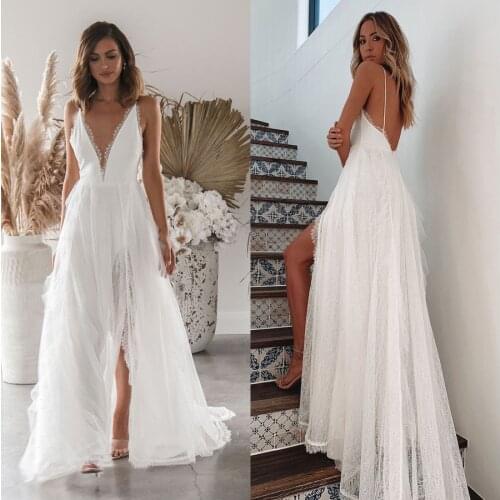 Lace Splice White Long Dress Beach Deep V Neck Sexy Summer Sundress Boho Slit Plus Size Dresses Women Sleeveless Wedding Dress