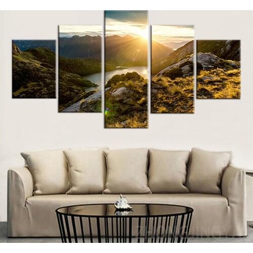 Posters prints 5 Piece the rising sun Mountain river landscape wall art Canvas Painting pictures for Living Room Library Office