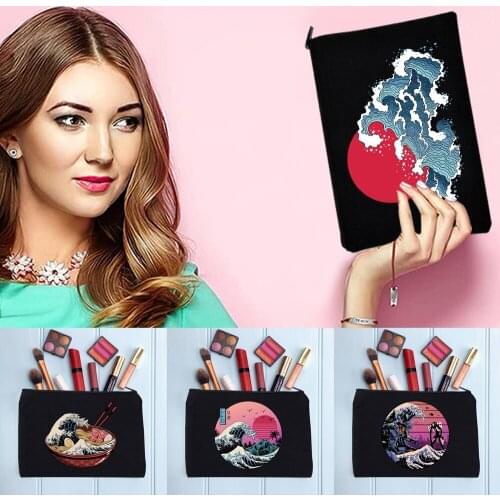 Wave Pattern Casual Womens Cosmetic Bag Zipper Makeup Bag Female Handbags Black Pencil Cases